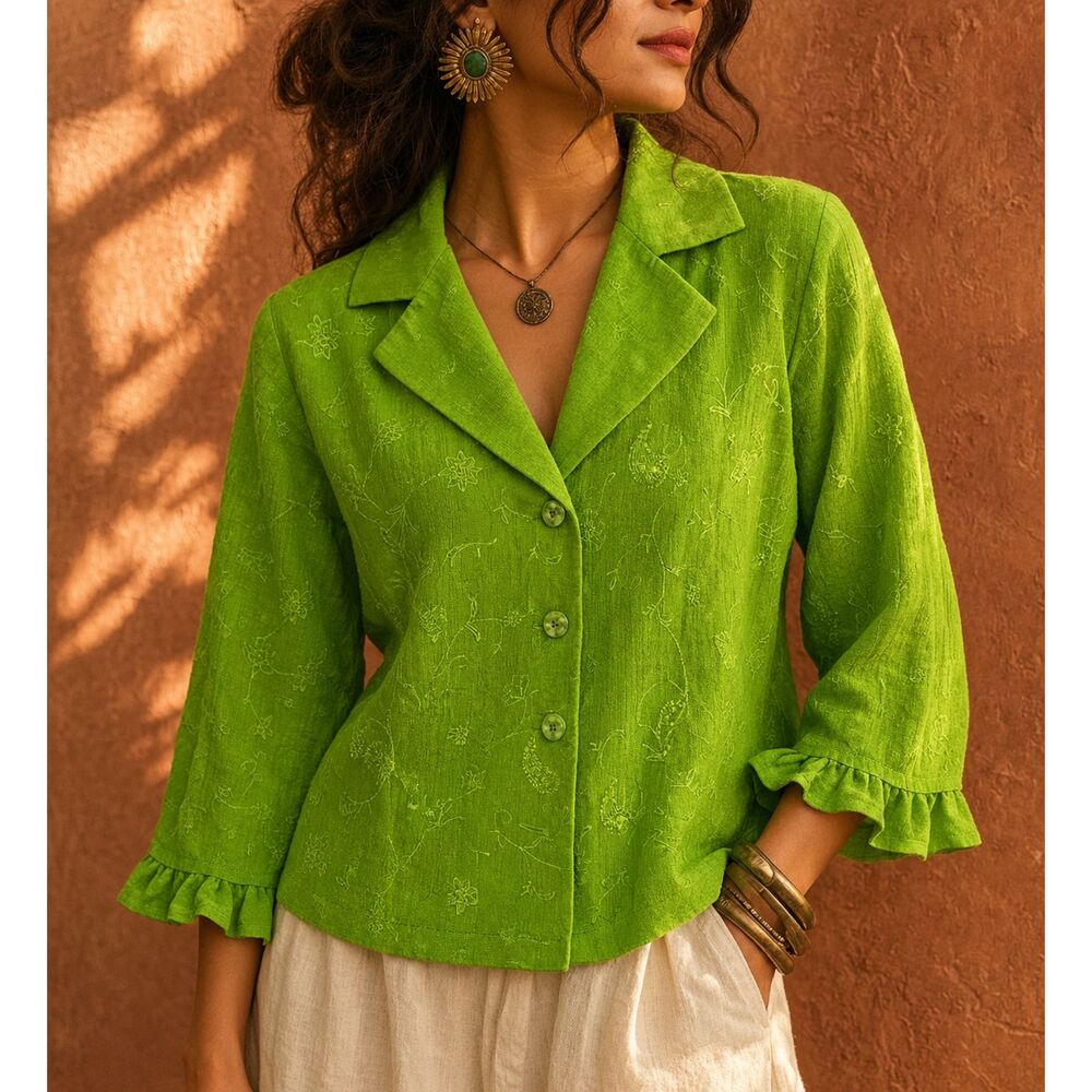 Vintage Style Lime Green Embroidered Blouse Ruffle Cuff Cottagecore 16W
